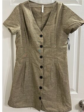 Icon Apparel V-Neck Button Front Short Sleeve Dress in Olive Tan